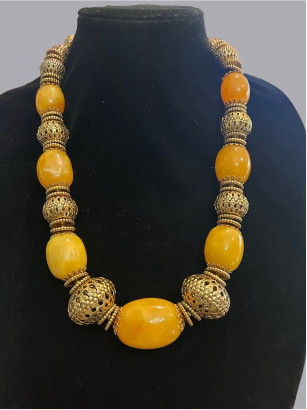 Women's Graziano butterscotch and Gold Beaded Statement Necklace 22”